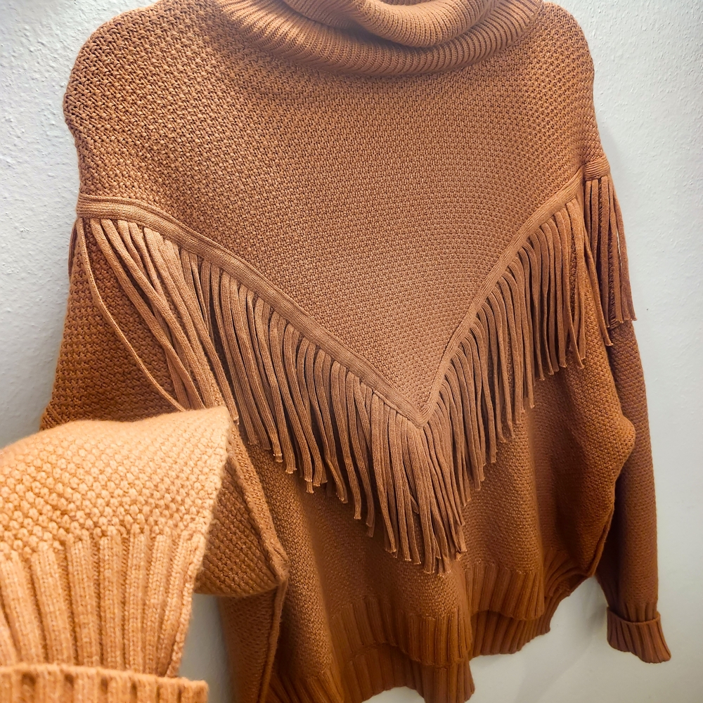 Chelsea & Theodore Fringe Turtleneck Sweater Womens Large Rust Boho Western Knit